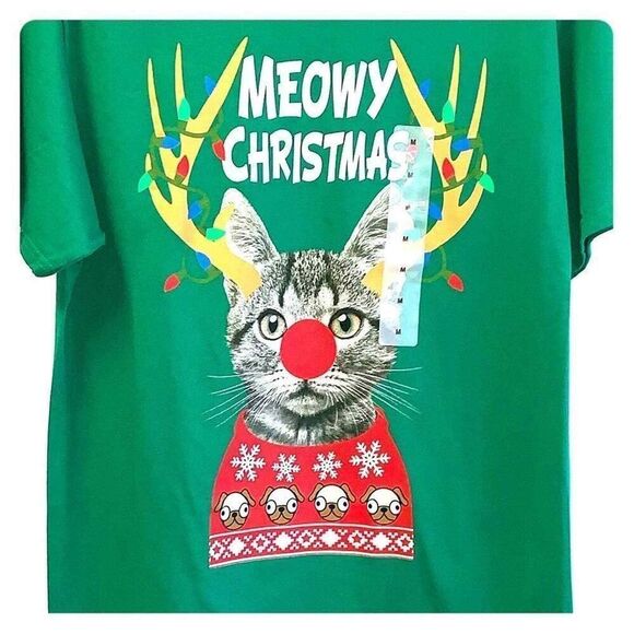 Meowy Christmas Tee Unisex Large Green Ugly Christmas Tee Short Sleeve Festive - Picture 2 of 3